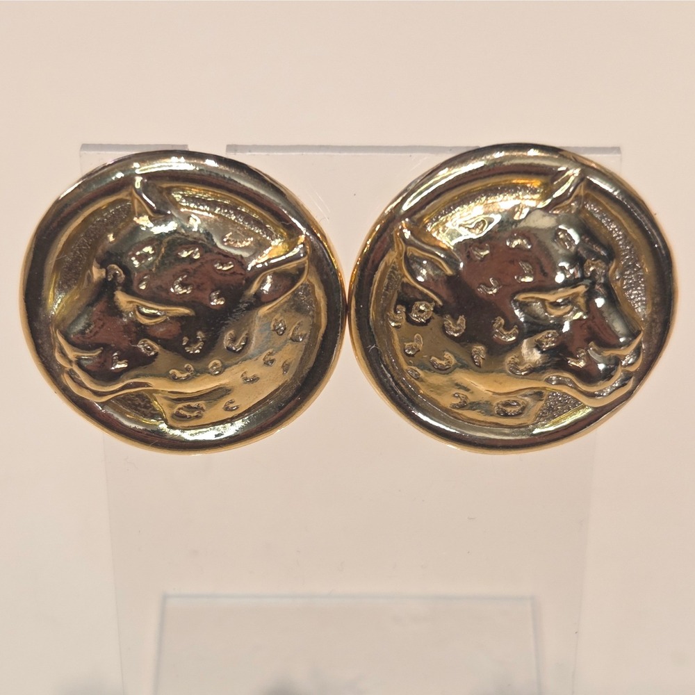 Vintage AVON Signed Gold Tone‎ Leopard Head Round Button Stud Earrings Statement